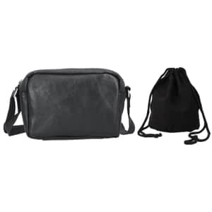 Black Genuine Leather Crossbody Bag with Suede Fabric Potli Bag