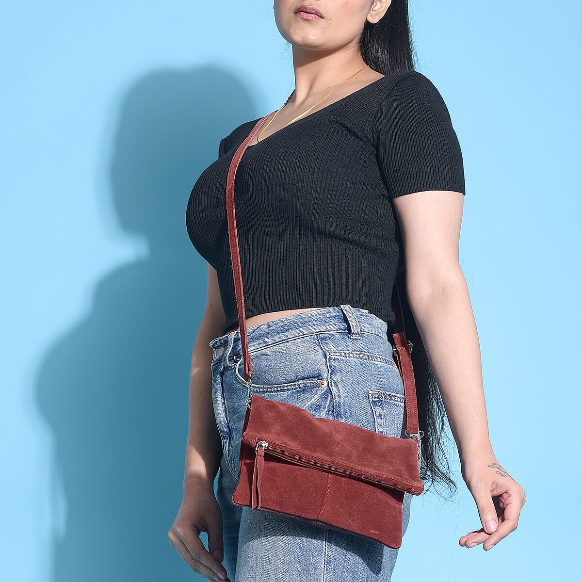Burgundy Suede Genuine Leather Crossbody Bag image number 2
