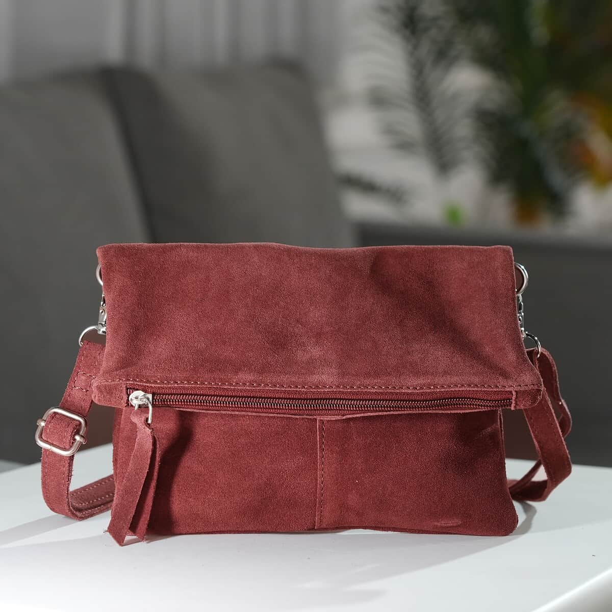 BURGUNDY suede leather bag. Cross body / shoulder bag in GENUINE