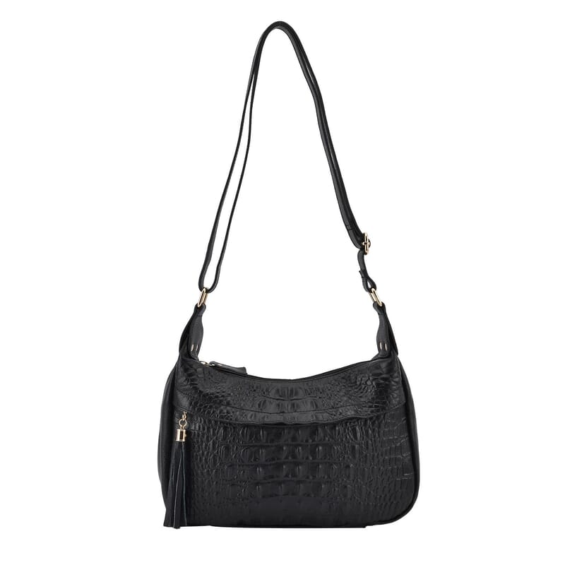 Black Crocodile Pattern Genuine Leather Crossbody Bag with Shoulder Strap