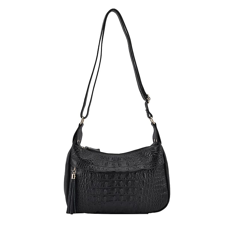 Black Crocodile Pattern Genuine Leather Crossbody Bag with Shoulder Strap