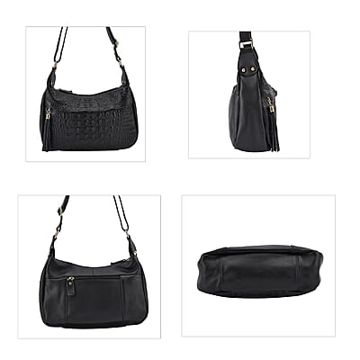 Black Crocodile Pattern Genuine Leather Crossbody Bag with Shoulder Strap