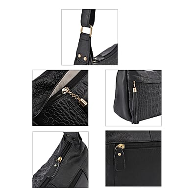 Black Crocodile Pattern Genuine Leather Crossbody Bag with Shoulder Strap