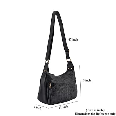 Black Crocodile Pattern Genuine Leather Crossbody Bag with Shoulder Strap