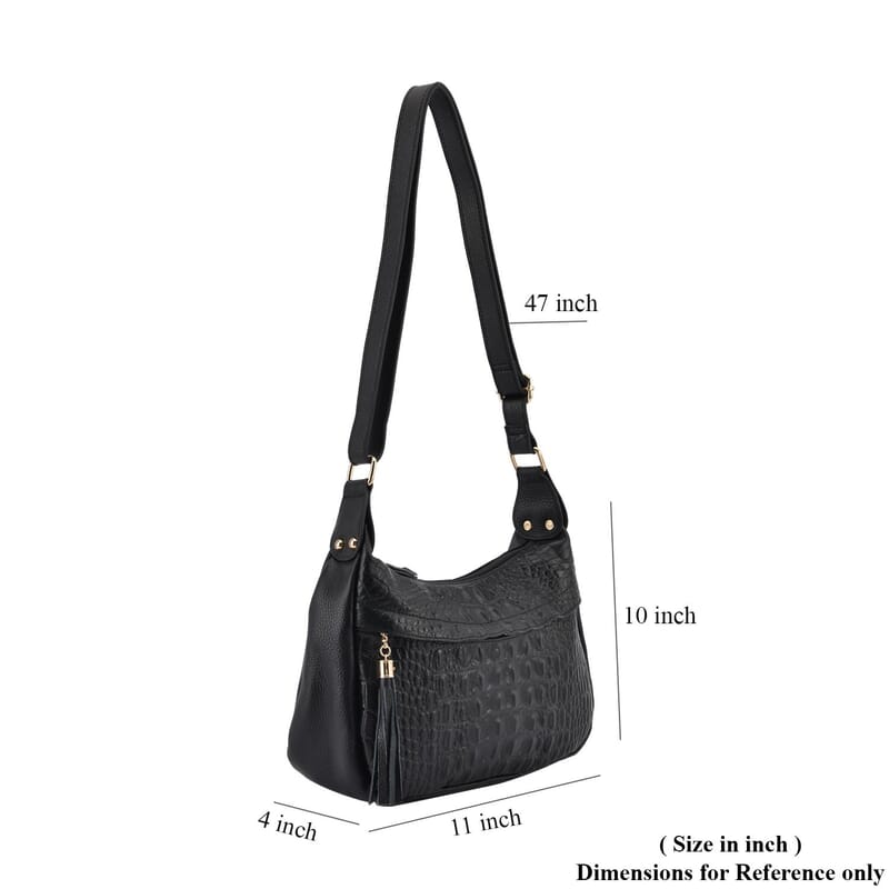 Black Crocodile Pattern Genuine Leather Crossbody Bag with Shoulder Strap