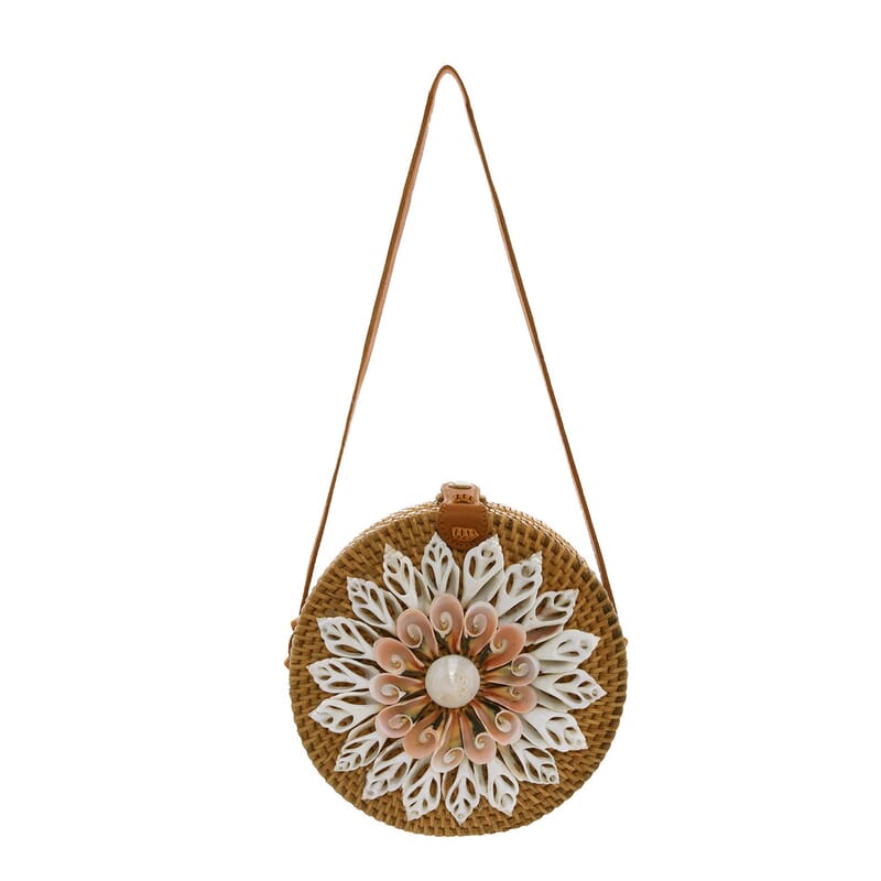 Brown Handcrafted Rounded Rattan Crossbody Bag with Leather Strap
