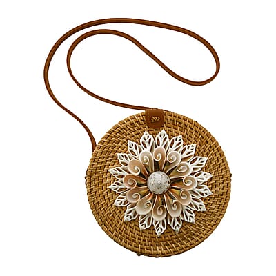 Brown Handcrafted Rounded Rattan Crossbody Bag with Leather Strap