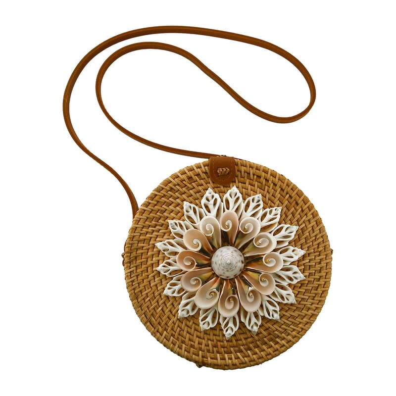 Brown Handcrafted Rounded Rattan Crossbody Bag with Leather Strap