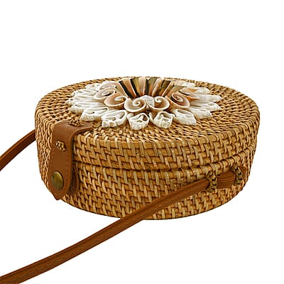 Brown Handcrafted Rounded Rattan Crossbody Bag with Leather Strap