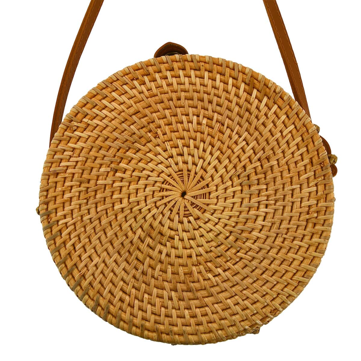 Brown Handcrafted Rounded Rattan Crossbody Bag with Leather Strap image number 4