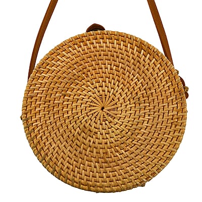 Brown Handcrafted Rounded Rattan Crossbody Bag with Leather Strap