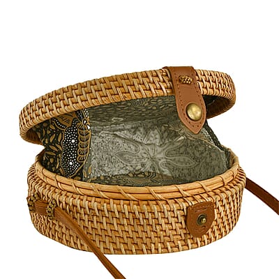 Brown Handcrafted Rounded Rattan Crossbody Bag with Leather Strap