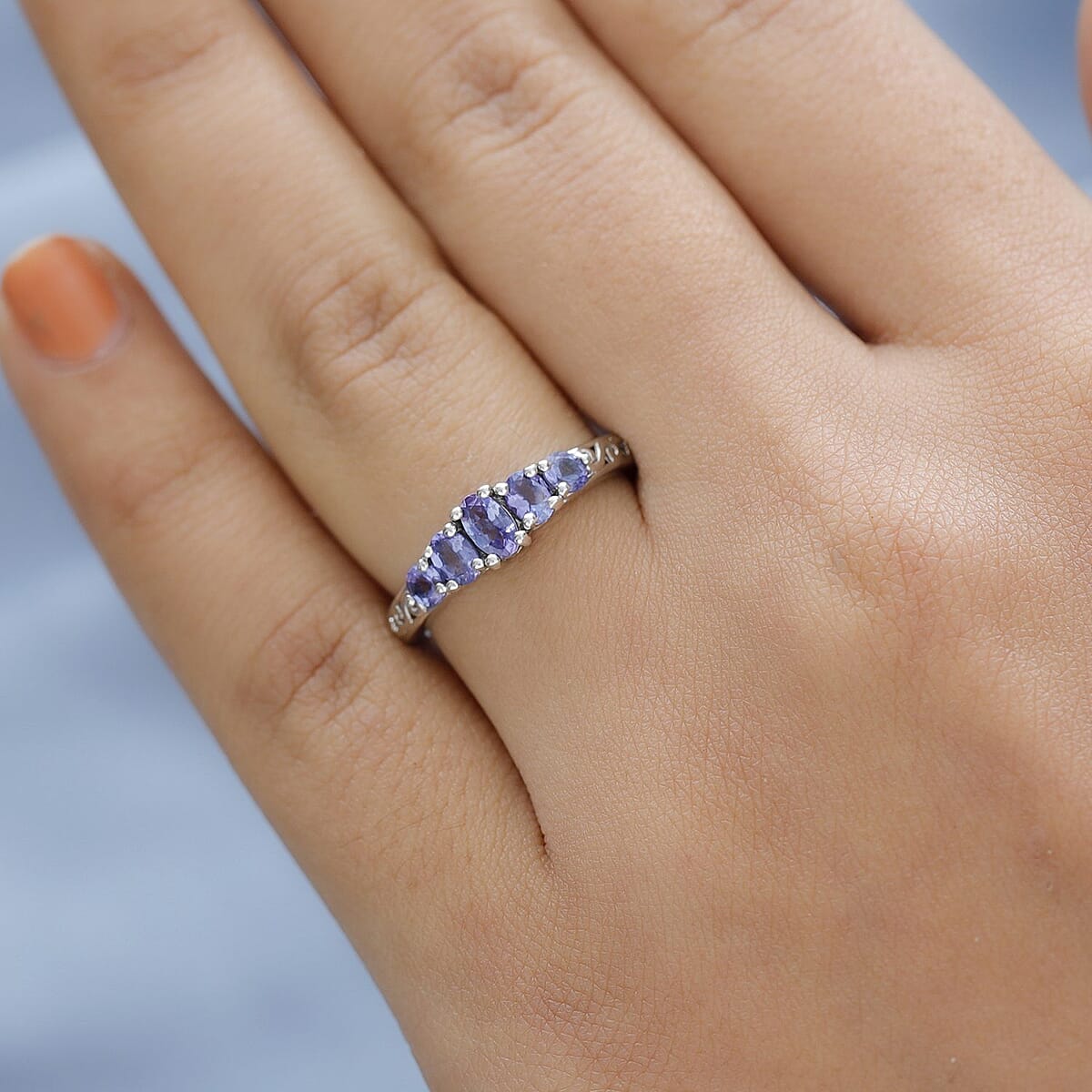 AAA Tanzanite 5 Stone Ring in Platinum Over Sterling Silver (Size 5.0) 0.85 ctw image number 2