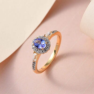 AAA Tanzanite and White Zircon Halo Ring in Vermeil Yellow Gold Over Sterling Silver (Size 10.0) 0.75 ctw