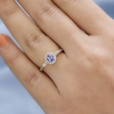 AAA Tanzanite and White Zircon Halo Ring in Vermeil Yellow Gold Over Sterling Silver (Size 10.0) 0.75 ctw