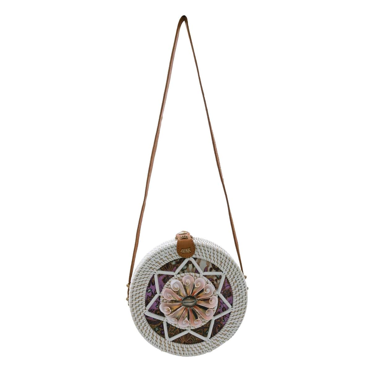 Bali Handcrafted Round Shape Rattan Bag with White and Pink Shell, Leather Strap image number 0