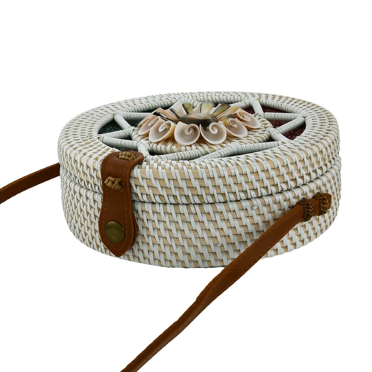 Bali Handcrafted Round Shape Rattan Bag with White and Pink Shell, Leather Strap image number 3