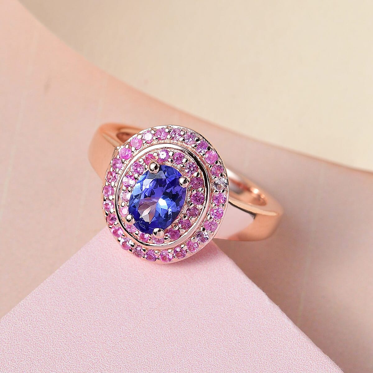 AAA Tanzanite and Madagascar Pink Sapphire Double Halo Ring in Vermeil Rose Gold Over Sterling Silver 1.30 ctw image number 1