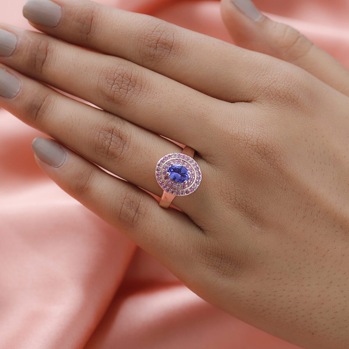AAA Tanzanite and Madagascar Pink Sapphire Double Halo Ring in Vermeil Rose Gold Over Sterling Silver 1.30 ctw image number 2