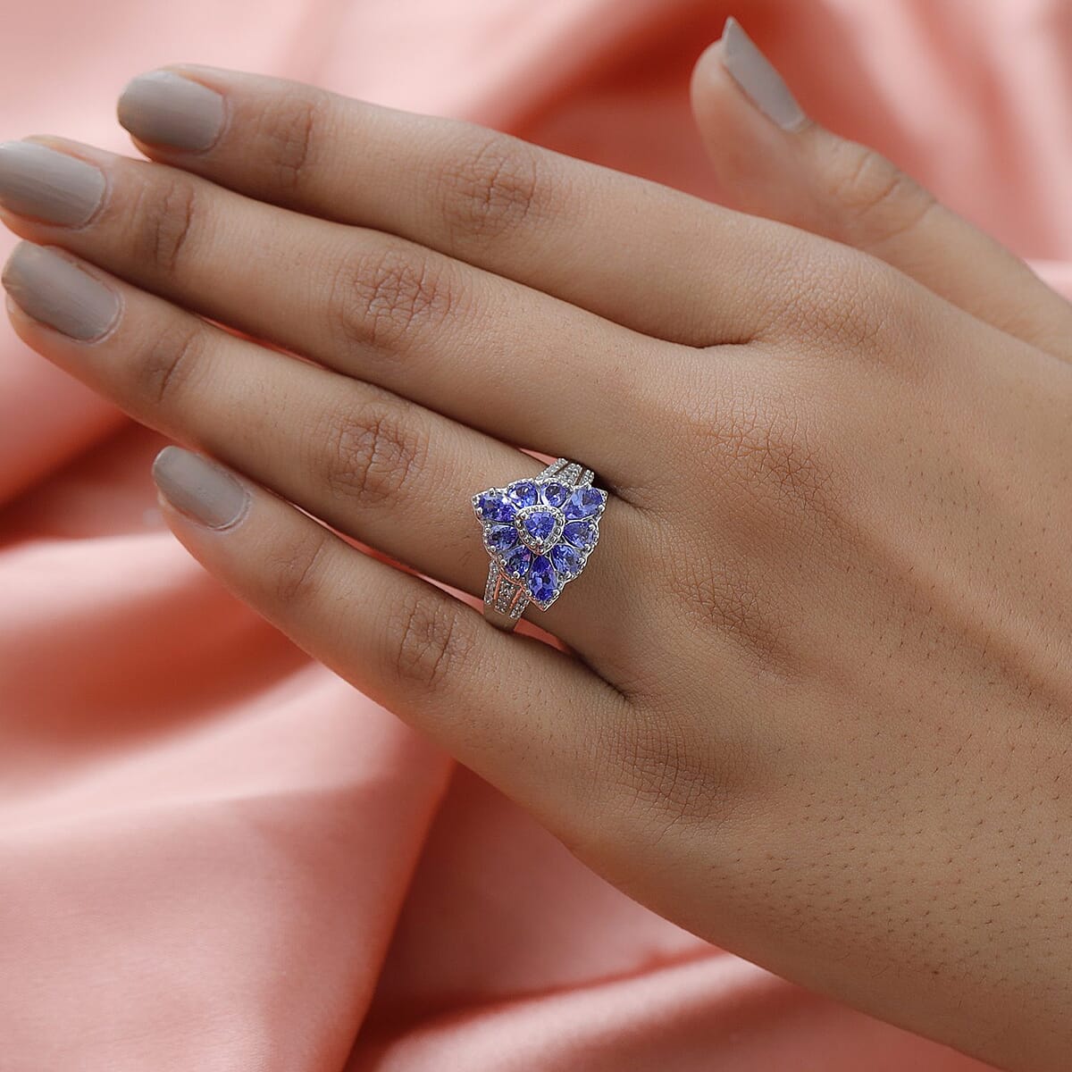 AAA Tanzanite and Natural White Zircon Floral Ring in Platinum Over Sterling Silver 1.85 ctw image number 2