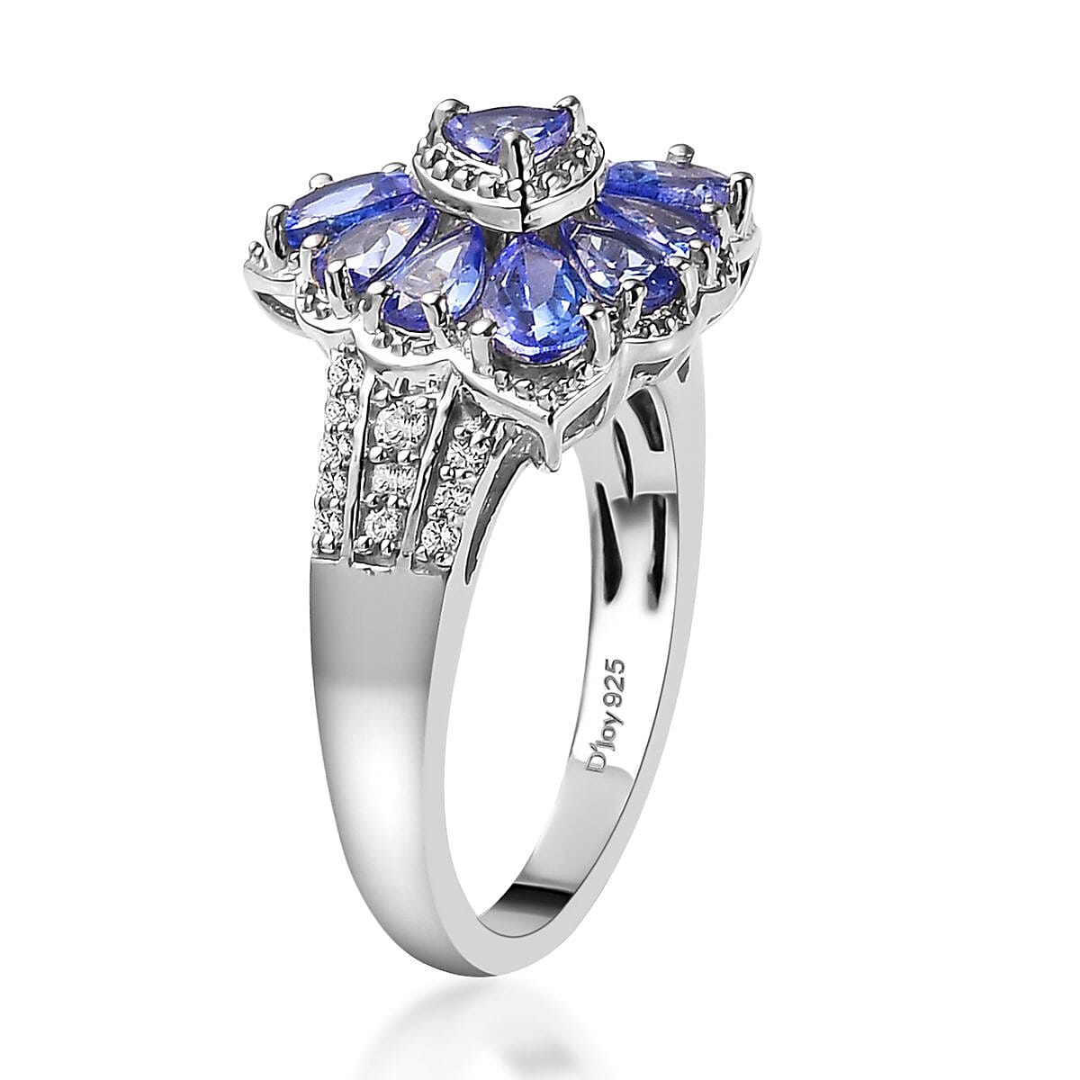 AAA Tanzanite and Natural White Zircon Floral Ring in Platinum Over Sterling Silver 1.85 ctw image number 3