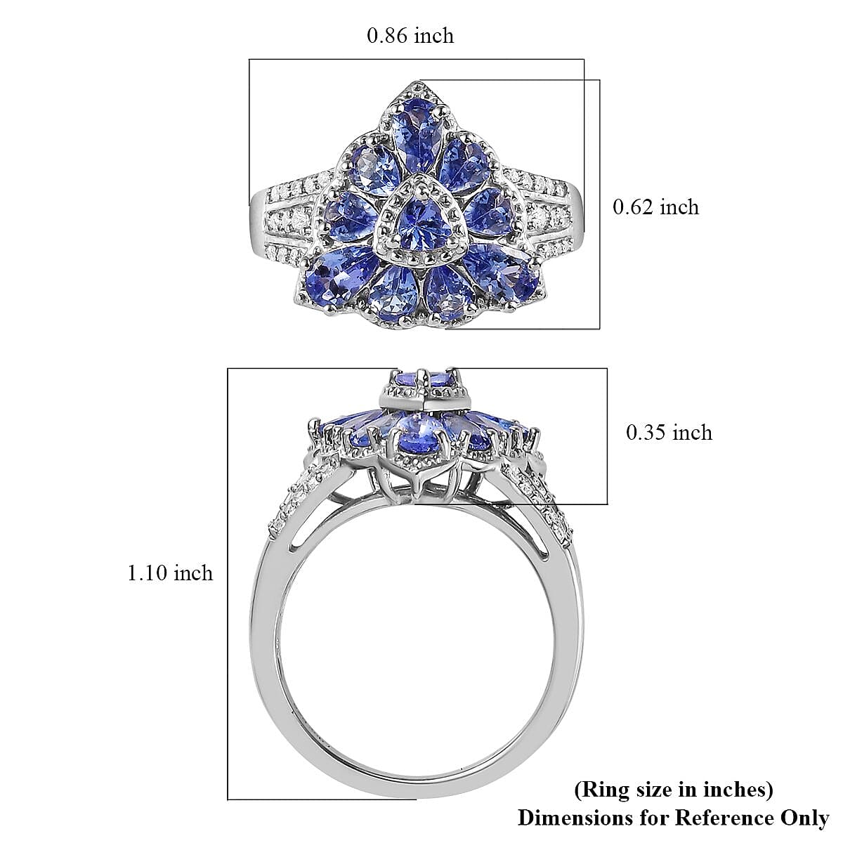 AAA Tanzanite and Natural White Zircon Floral Ring in Platinum Over Sterling Silver 1.85 ctw image number 5