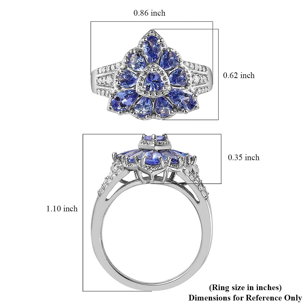 AAA Tanzanite and White Zircon Floral Ring in Platinum Over Sterling Silver (Size 6.0) 1.85 ctw image number 5
