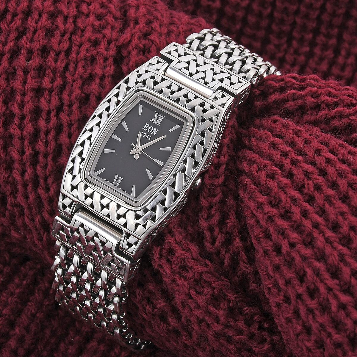 Eon 1962 Swiss Movement Black Onyx Bracelet Watch in Sterling Silver (7.00 In) (25.5x20.5mm) image number 1