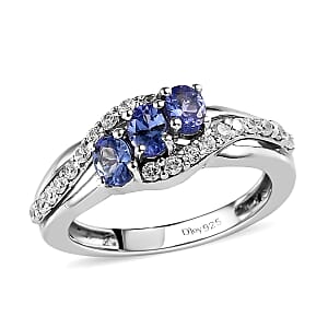 AAA Tanzanite and Natural White Zircon Ring in Platinum Over Sterling Silver (Size 10.0) 0.90 ctw