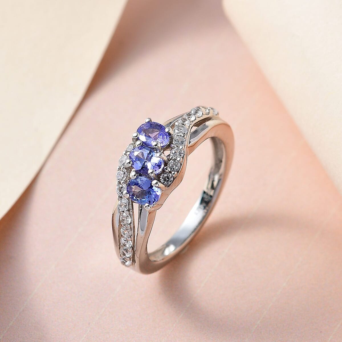 AAA Tanzanite and Natural White Zircon Ring in Platinum Over Sterling Silver (Size 10.0) 0.90 ctw image number 1