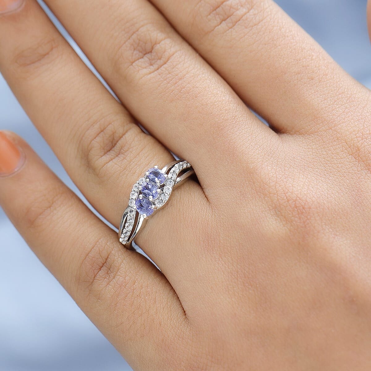 AAA Tanzanite and Natural White Zircon Ring in Platinum Over Sterling Silver (Size 10.0) 0.90 ctw image number 2