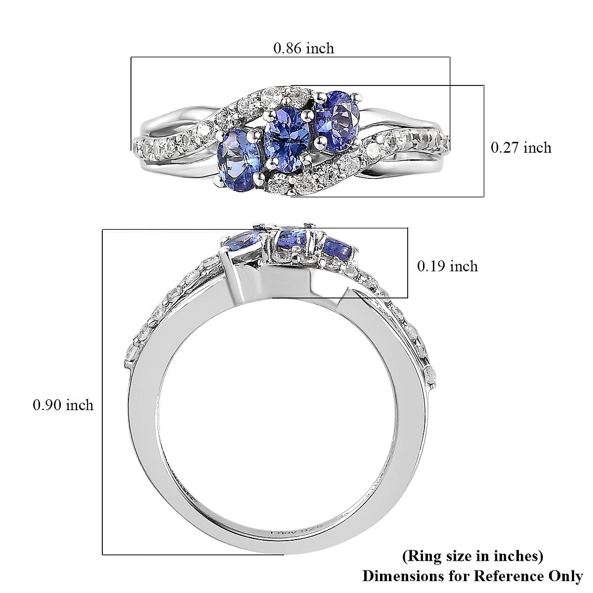 AAA Tanzanite and Natural White Zircon Ring in Platinum Over Sterling Silver (Size 10.0) 0.90 ctw image number 5