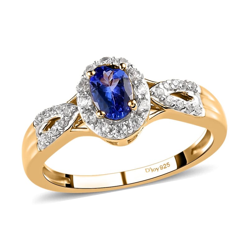 AAA Tanzanite and Natural White Zircon Halo Ring in Vermeil Yellow Gold Over Sterling Silver (Size 10.0) 0.90 ctw