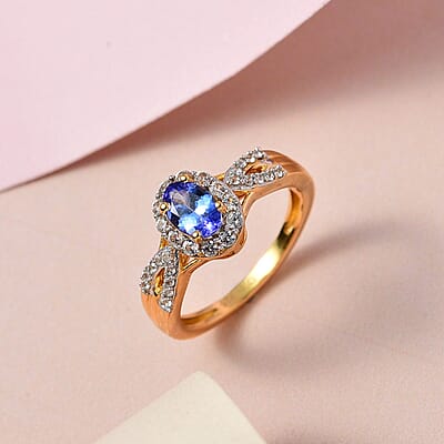 AAA Tanzanite and Natural White Zircon Halo Ring in Vermeil Yellow Gold Over Sterling Silver (Size 10.0) 0.90 ctw