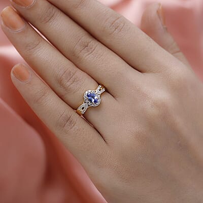 AAA Tanzanite and Natural White Zircon Halo Ring in Vermeil Yellow Gold Over Sterling Silver (Size 10.0) 0.90 ctw