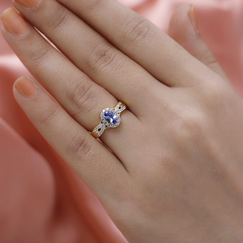 AAA Tanzanite and Natural White Zircon Halo Ring in Vermeil Yellow Gold Over Sterling Silver (Size 10.0) 0.90 ctw