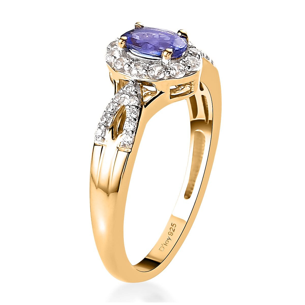 AAA Tanzanite and Natural White Zircon Halo Ring in Vermeil Yellow Gold Over Sterling Silver (Size 10.0) 0.90 ctw