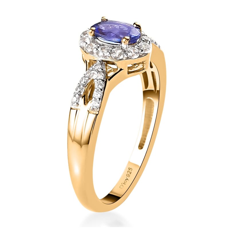 AAA Tanzanite and Natural White Zircon Halo Ring in Vermeil Yellow Gold Over Sterling Silver (Size 10.0) 0.90 ctw
