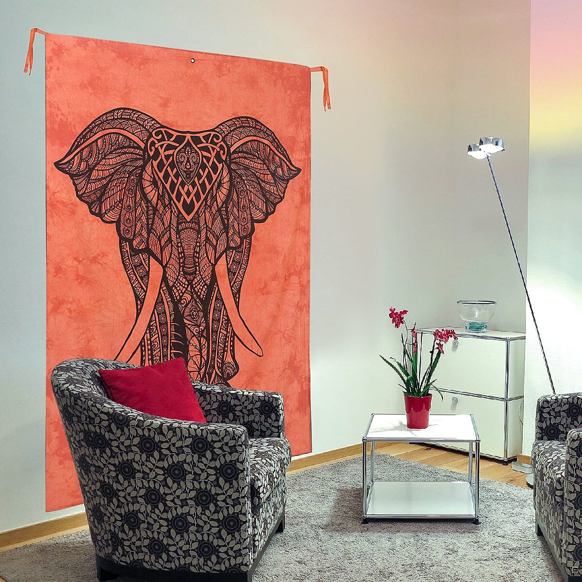 Orange Cotton Elephant Screen Printed Tie Dye Tapestry Wall Hanging