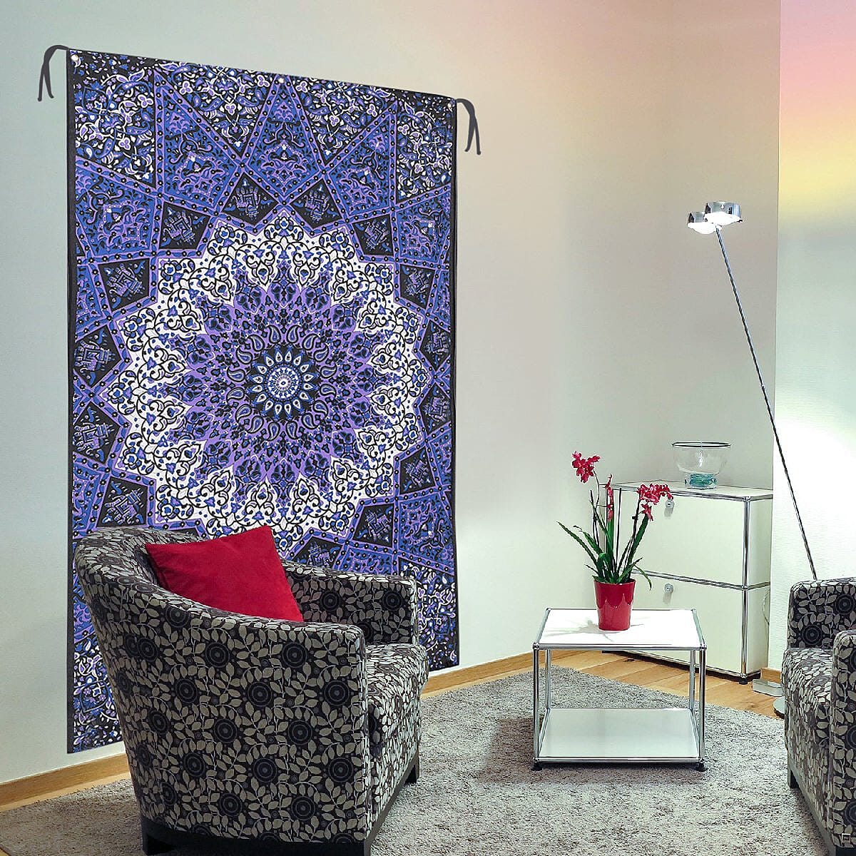 Blue Cotton Chakra Screen Printed Tie Dye Tapestry Wall Hanging image number 1