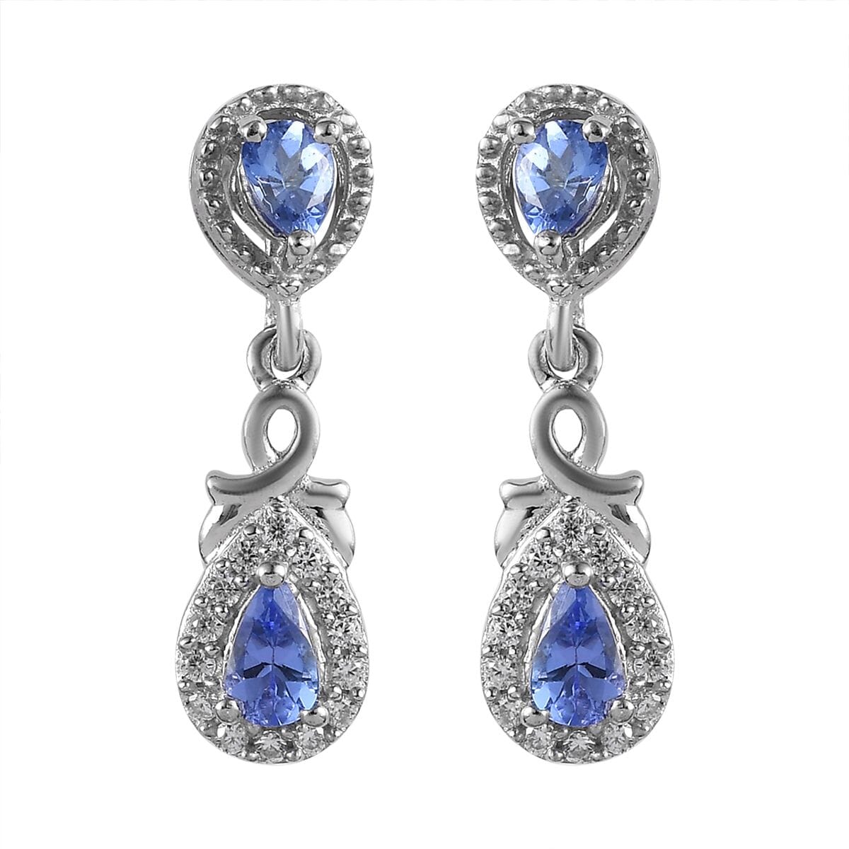 AAA Tanzanite and White Zircon 1.10 ctw Earrings in Platinum Over Sterling Silver image number 0