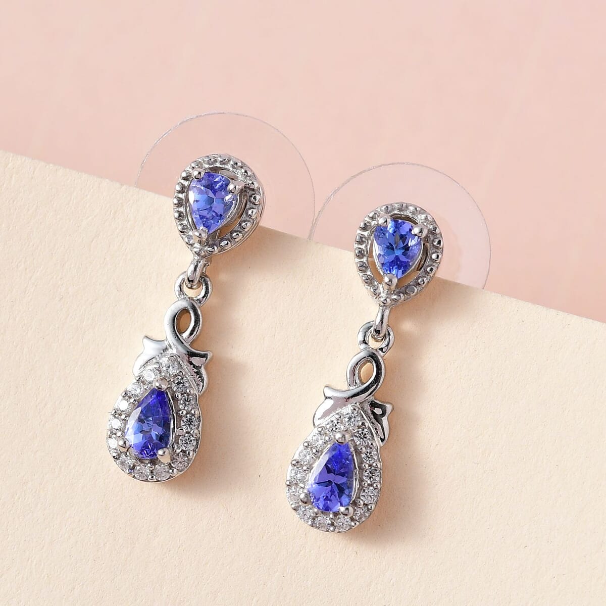 AAA Tanzanite and White Zircon 1.10 ctw Earrings in Platinum Over Sterling Silver image number 1