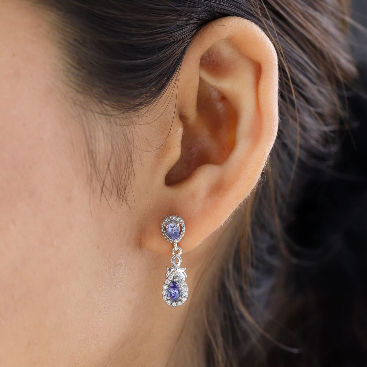 AAA Tanzanite and White Zircon 1.10 ctw Earrings in Platinum Over Sterling Silver image number 2