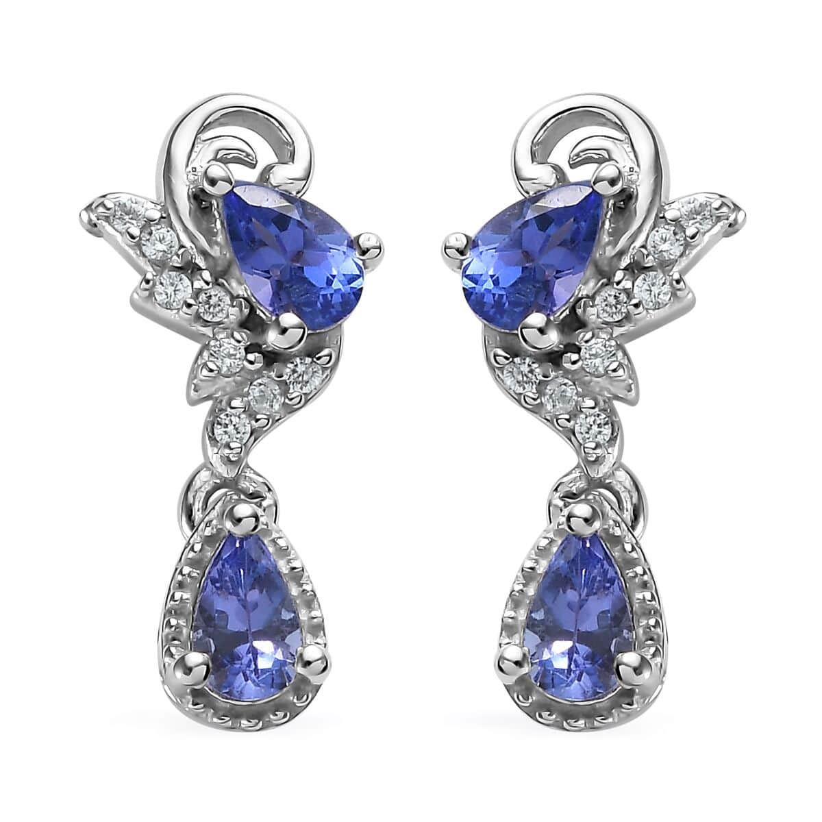 AAA Tanzanite and White Zircon 1.10 ctw Earrings in Platinum Over Sterling Silver image number 0