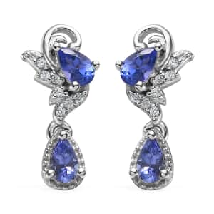 AAA Tanzanite and White Zircon 1.10 ctw Earrings in Platinum Over Sterling Silver