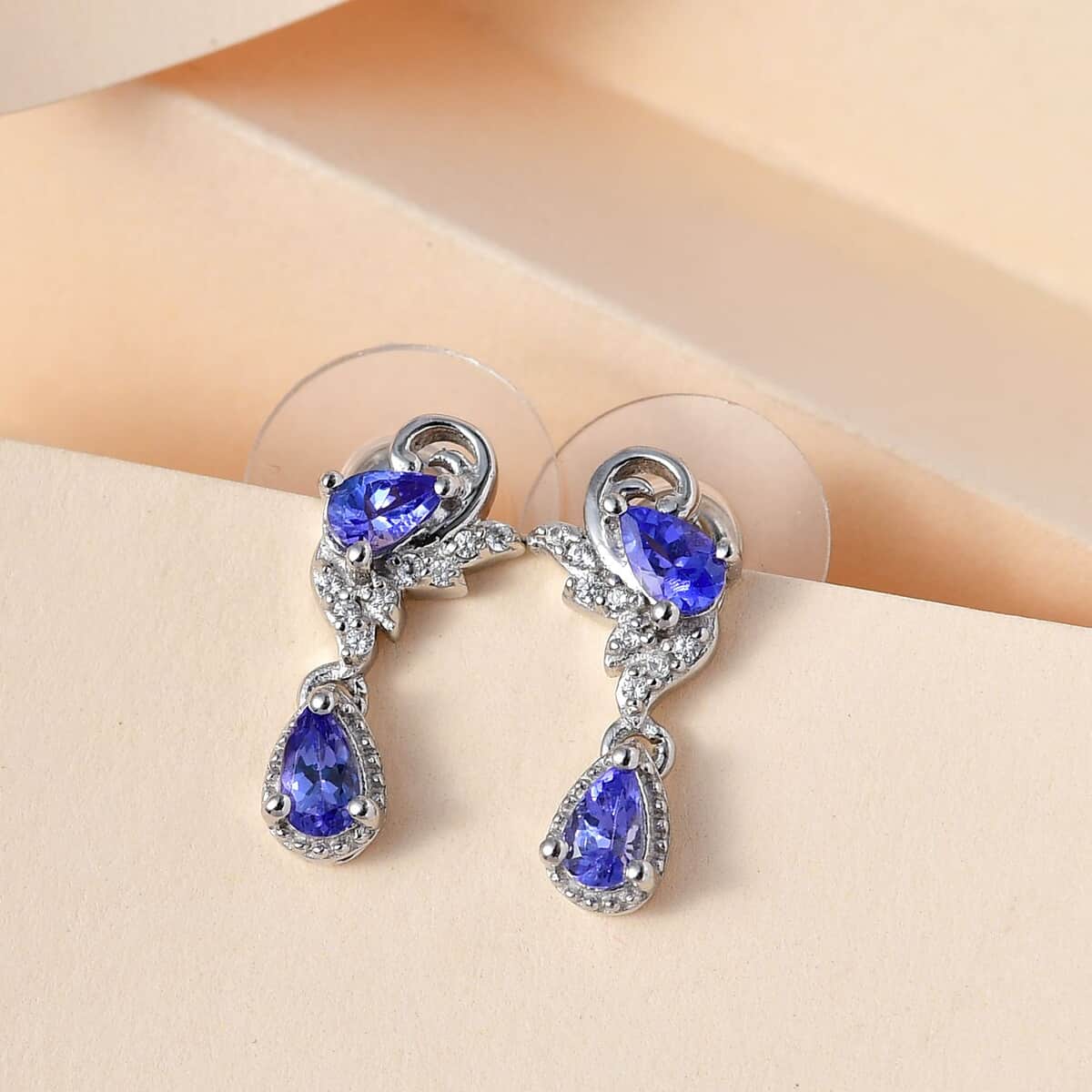 AAA Tanzanite and White Zircon 1.10 ctw Earrings in Platinum Over Sterling Silver image number 1