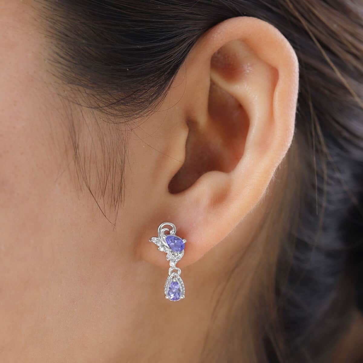 AAA Tanzanite and White Zircon 1.10 ctw Earrings in Platinum Over Sterling Silver image number 2