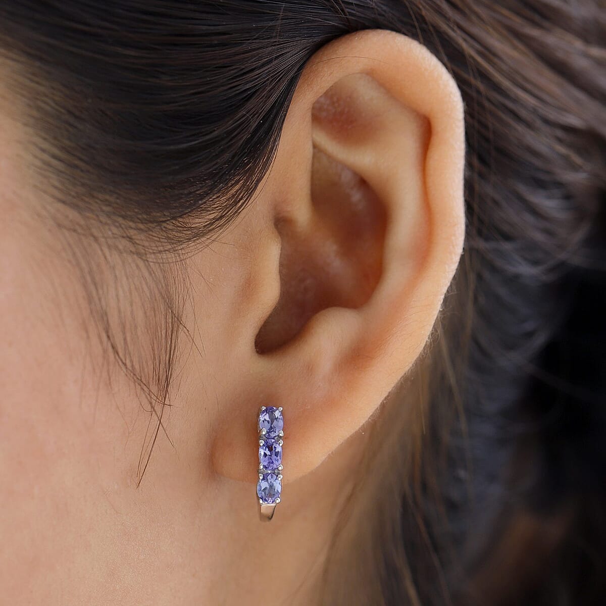 AAA Tanzanite Huggie Hoop Earrings in Platinum Over Sterling Silver 1.10 ctw image number 2