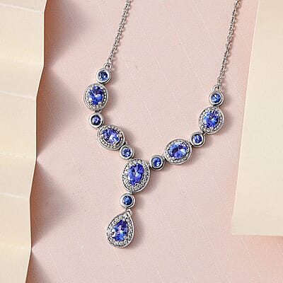 AAA Tanzanite and White Zircon Necklace 18-20 Inches in Platinum Over Sterling Silver 3.35 ctw