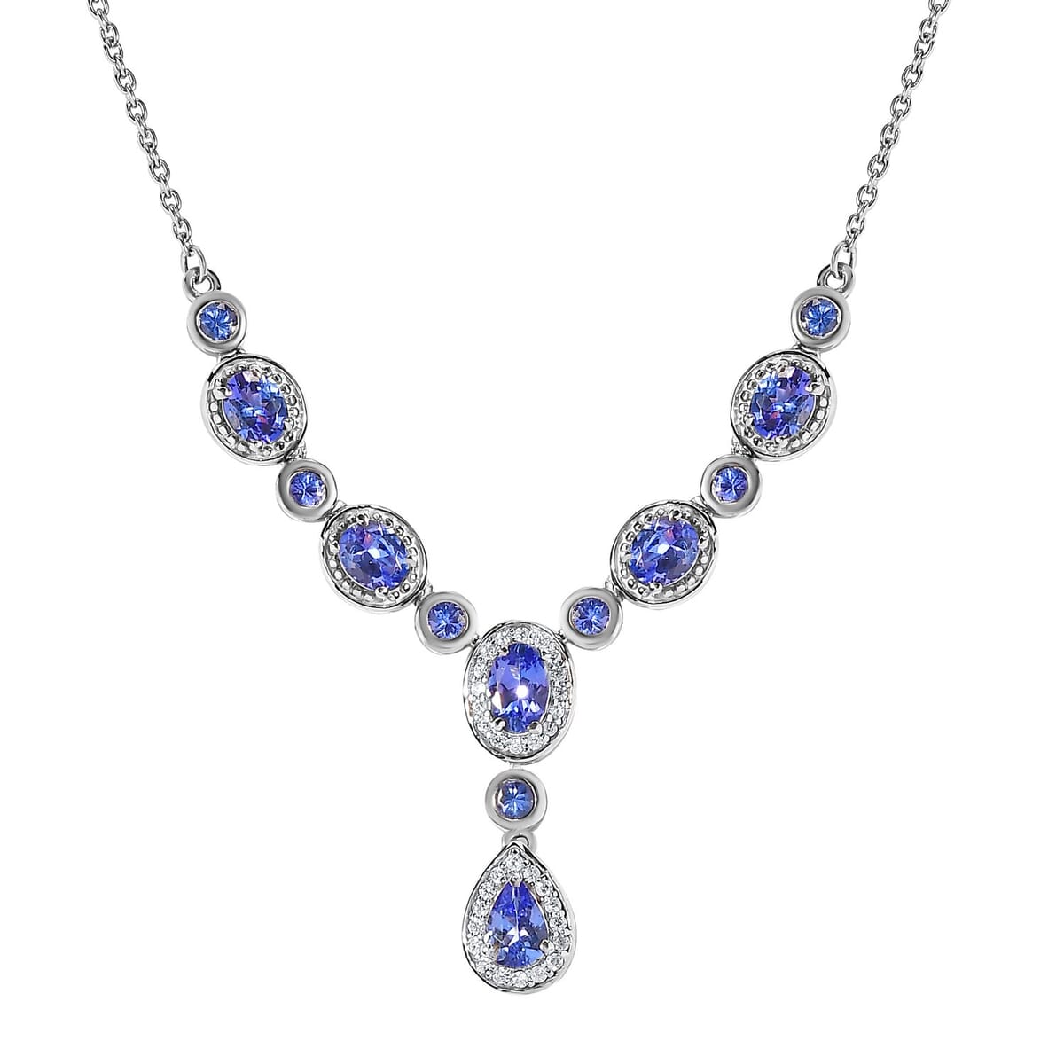 AAA Tanzanite and White Zircon Necklace 18-20 Inches in Platinum Over Sterling Silver 3.35 ctw image number 3